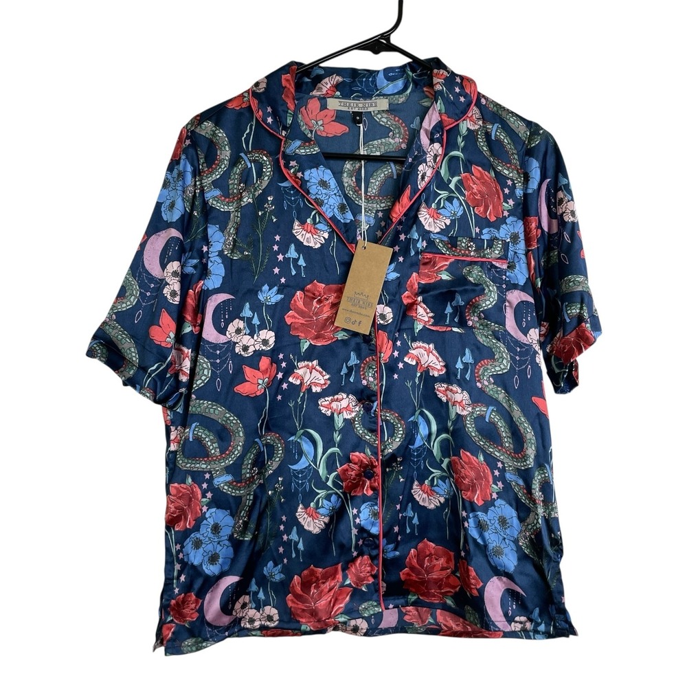 Their Nibs Pajama Top Womens Size Small Blue Multi Snakes Floral Satin NWT